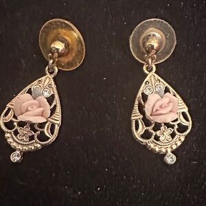 1928 Gold-Tone Earrings with Pink Rose Design
